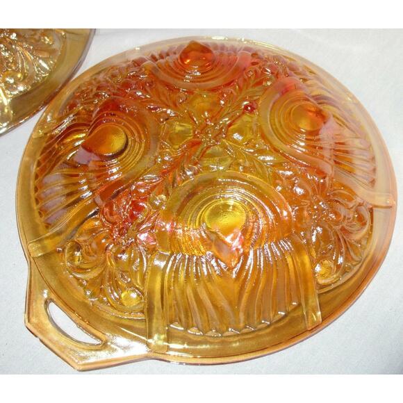 Two Carnival Glass Divided and Footed Relish Trays Handles Opalescent Marigold - Picture 4 of 5
